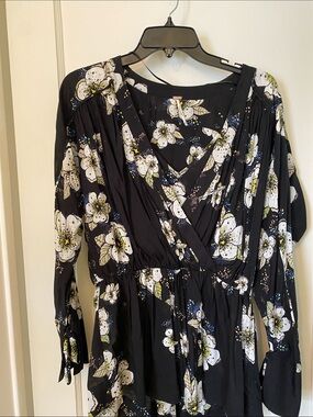 Free People Black Floral Top with White & Green Blooms